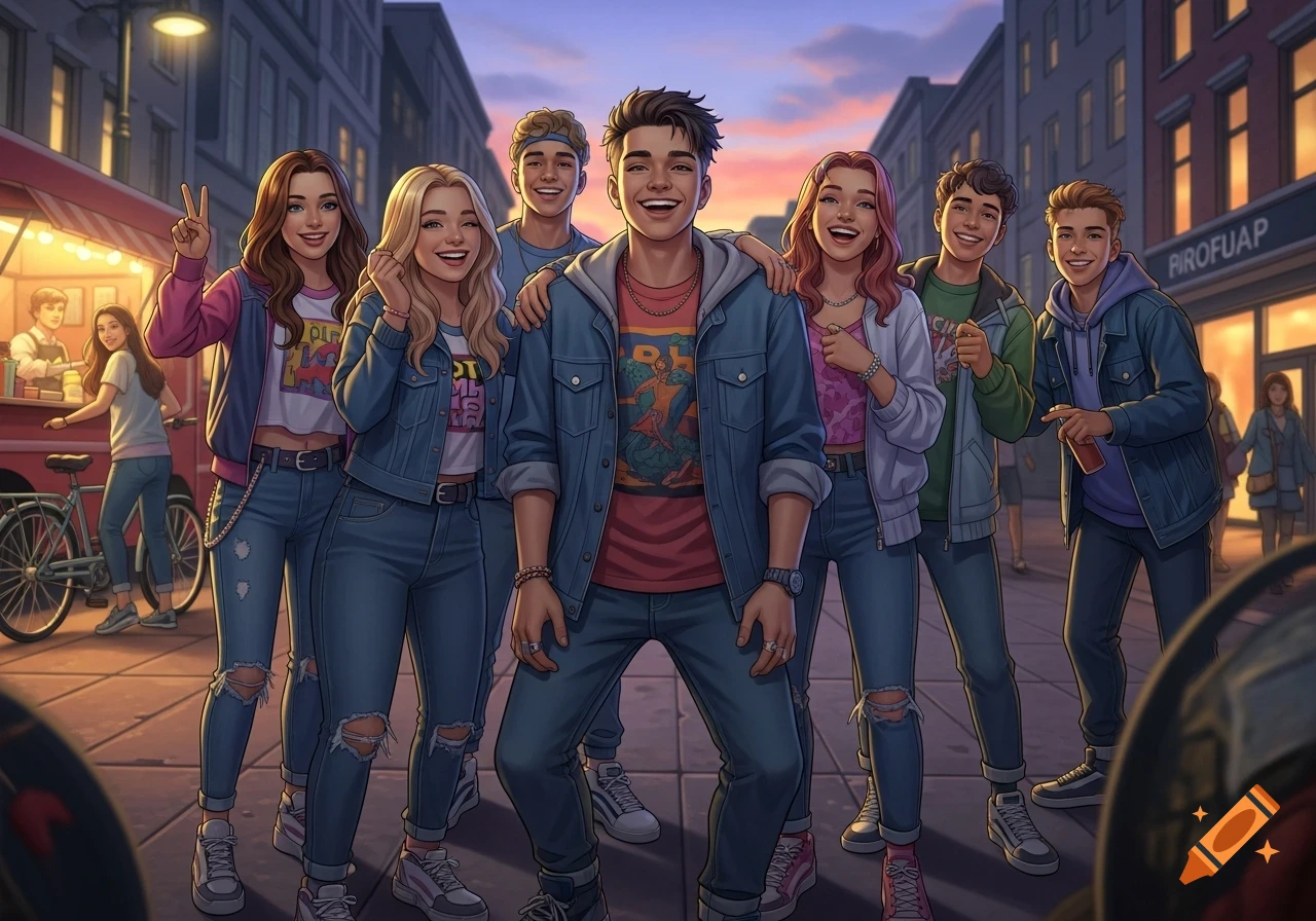 A group of seven smiling teenagers in casual denim outfits pose together on a city street at sunset, with a food cart and buildings in the background, in an anime art style.