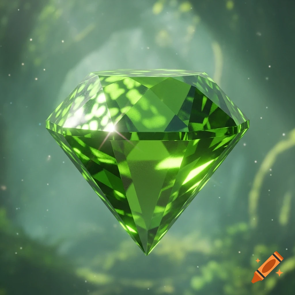 A sparkling, faceted green gem, resembling a Zelda rupee, floats against a mystical, blurred green background with sparkling particles.