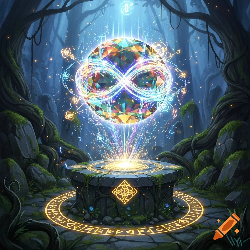 A colorful, glowing infinity gem hovers above a mossy stone altar in a dark, enchanted forest with magical runes.