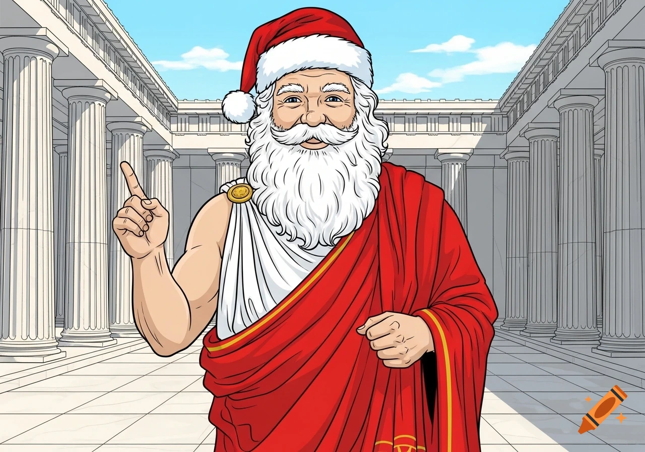 A hand-drawn illustration of Santa Claus wearing a red Greek toga and Santa hat, standing in a marble courtyard with Greek columns.