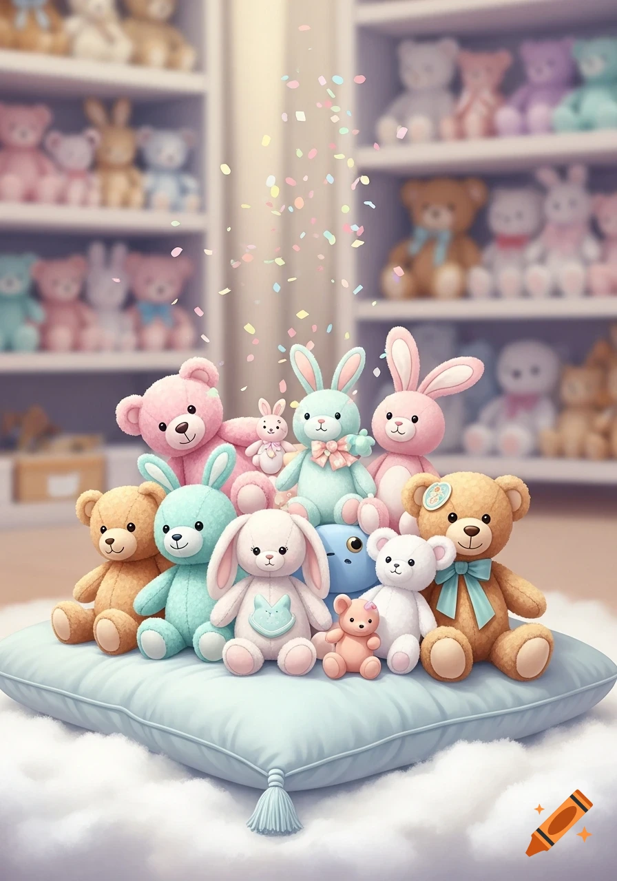 A collection of pastel plush teddy bears and bunnies sits on a blue pillow with falling confetti, blurred toy shelves in background.