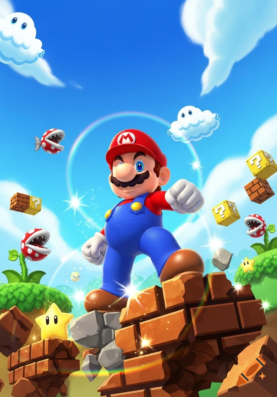 Cartoon Mario stands on broken brick blocks, surrounded by Piranha Plants, question mark blocks, stars, and clouds under a vibrant blue sky.