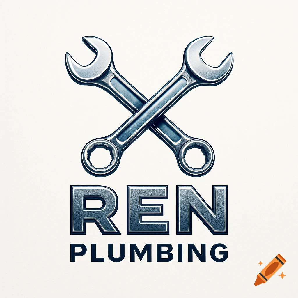 Logo with two crossed silver wrenches above the text 'REN PLUMBING' in metallic gray letters.