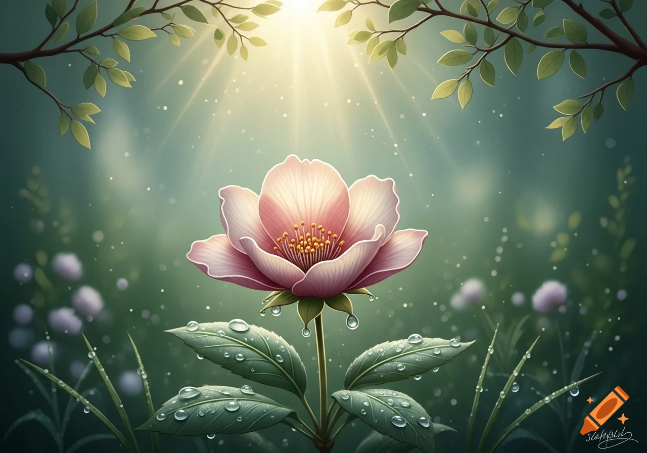 A close-up of a pink flower with water droplets on its leaves, bathed in sunlight shining through tree branches.