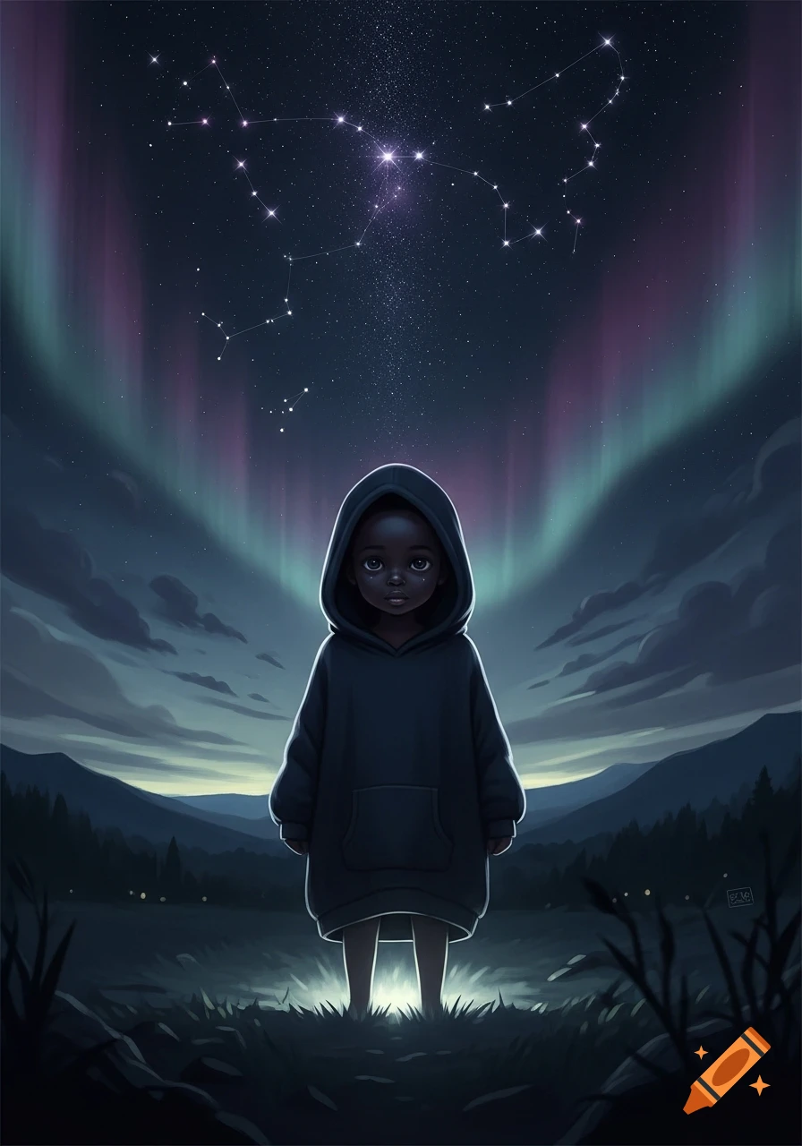 A stylized illustration of a child in a hoodie standing under a starry night sky with a vibrant aurora borealis and mountains.