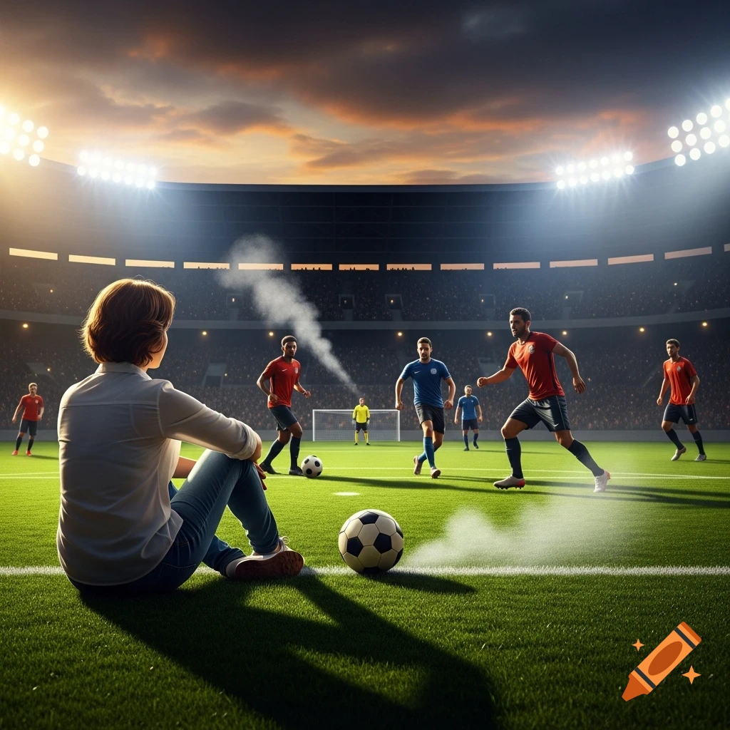 Photorealistic image of a person sitting on a soccer field, watching a game played by multiple players in a large stadium at sunset.