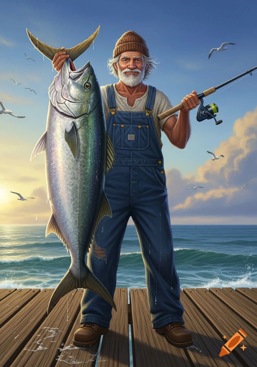A smiling elderly man with a white beard, wearing a beanie and overalls, holds a large fish on a wooden pier by the ocean with seagulls flying at sunset.