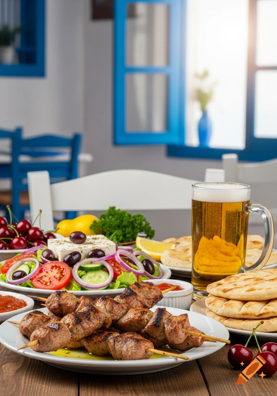 A photorealistic image of grilled meat skewers, Greek salad, pita bread, and a mug of beer on a wooden table in a restaurant with blue windows.