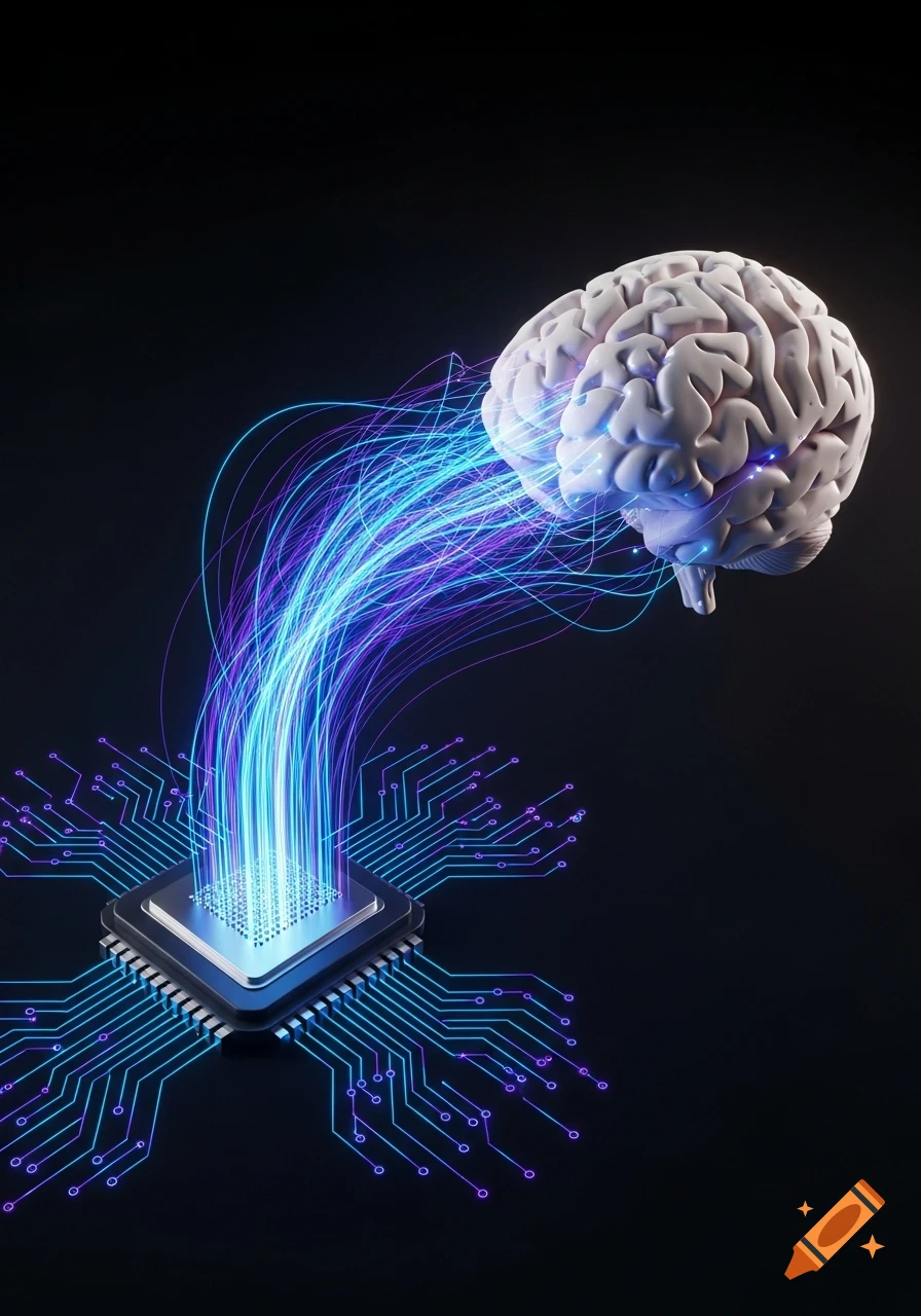 A stylized 3D render of a human brain glowing and connecting via vibrant blue and purple data streams to a computer chip on a dark background.