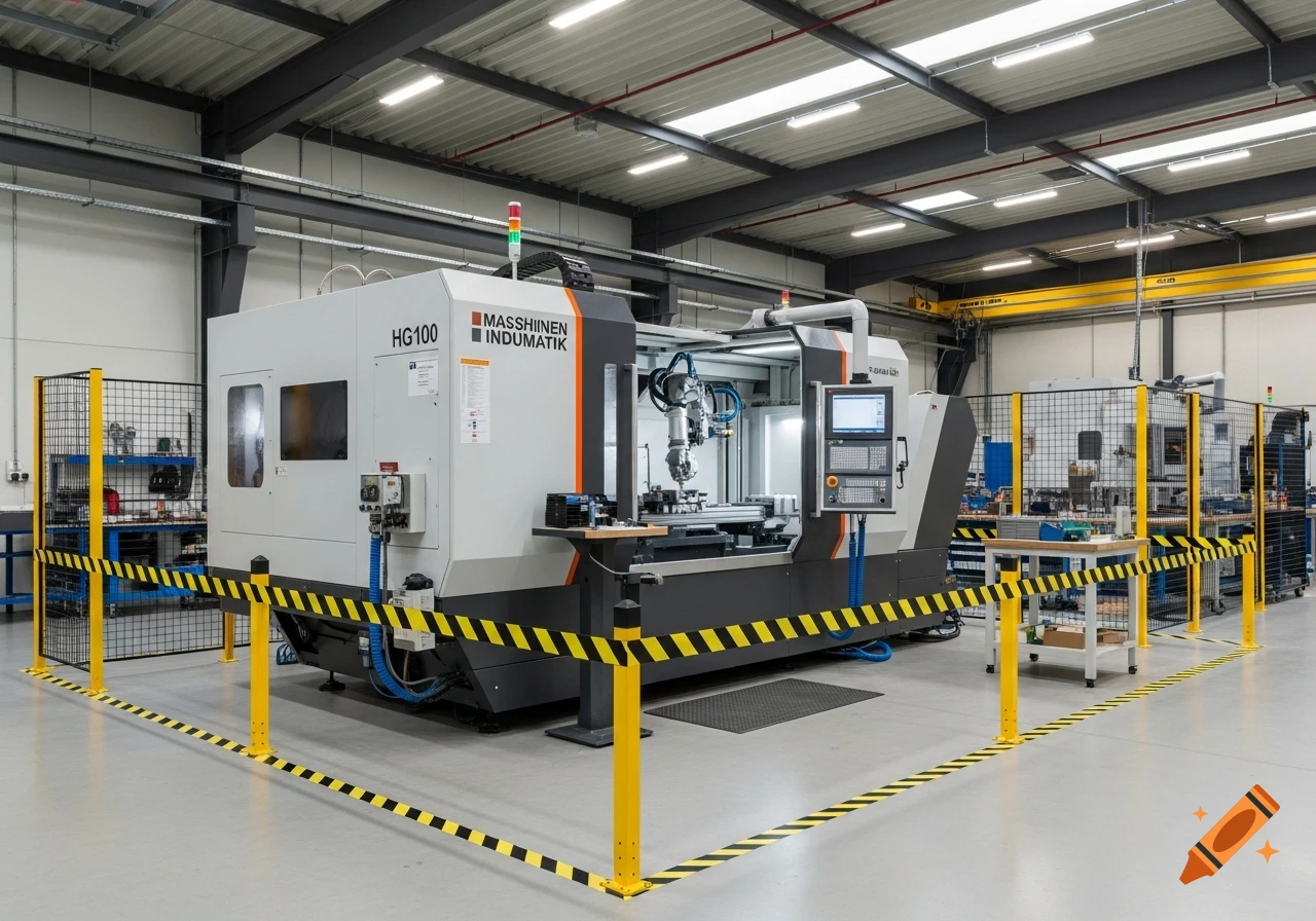 Photorealistic image of a large, modern grey industrial CNC machine with orange accents, labeled HG100, in a bright workshop with yellow safety barriers.