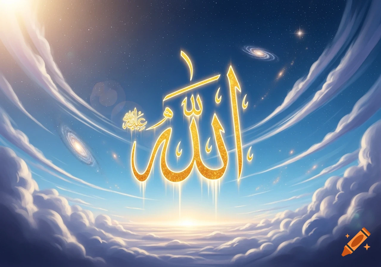 Glowing golden Arabic calligraphy of 'Allah' against a celestial sky with clouds, stars, and galaxies.