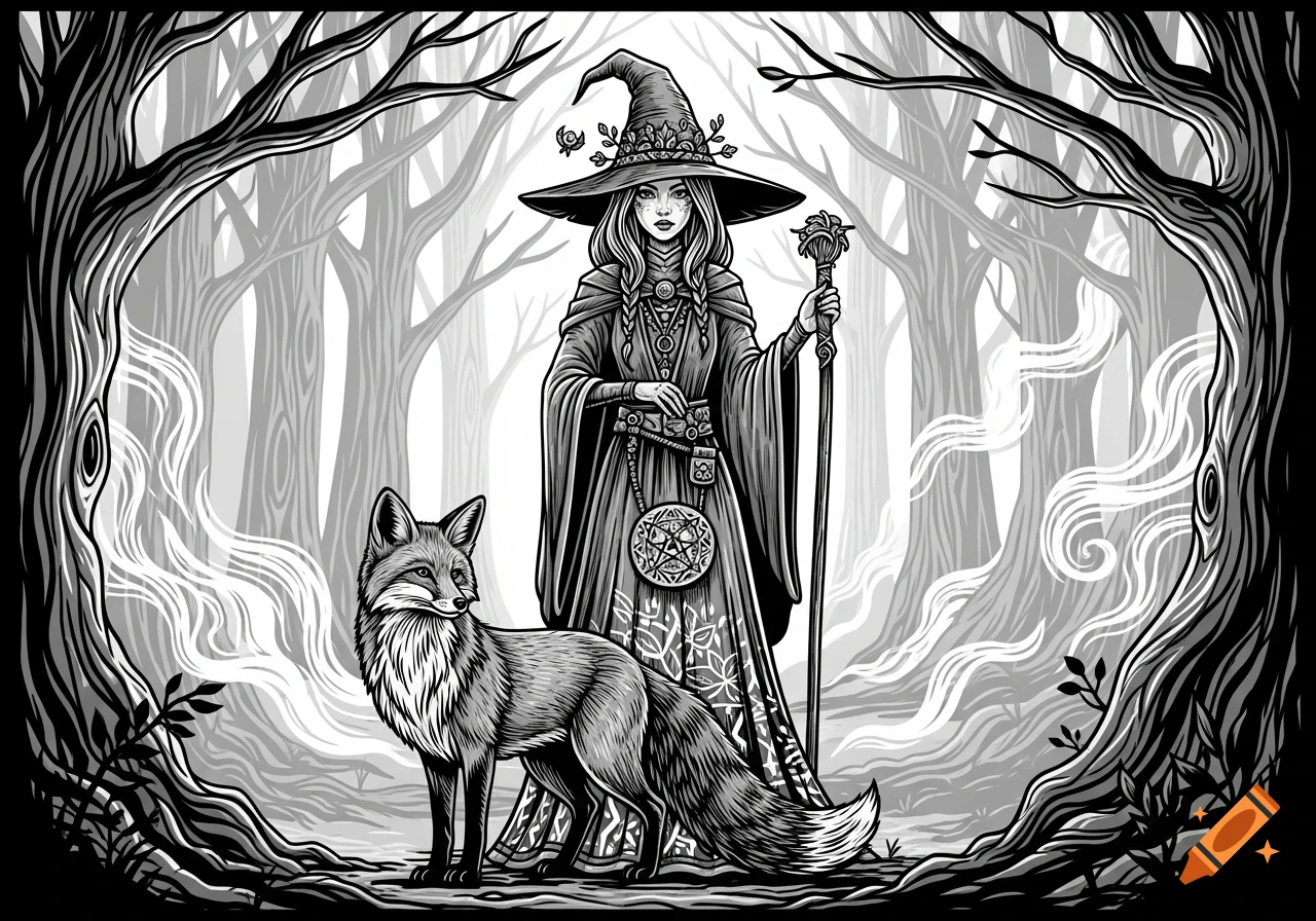 A young adult witch and her fox familiar in a detailed woodcut style illustration of a forest.