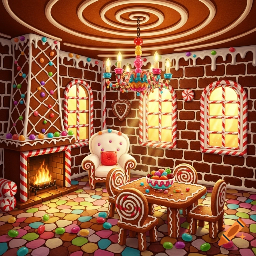 A whimsical interior of a gingerbread house with a fireplace, ornate chairs, a candy-covered table, and colorful tiled floor.