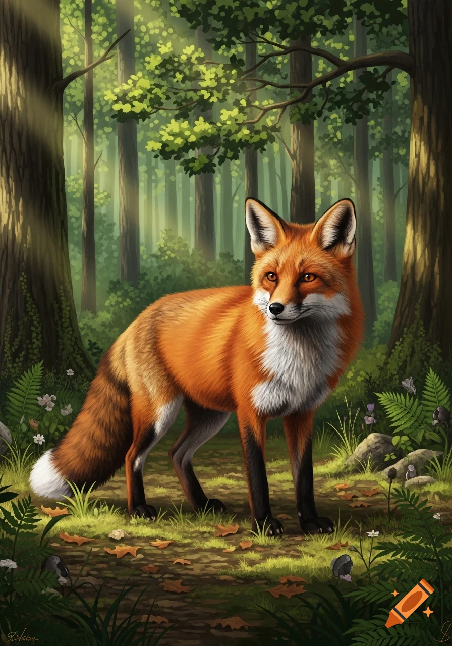 A vibrant red fox with white markings stands in a sun-dappled forest ...