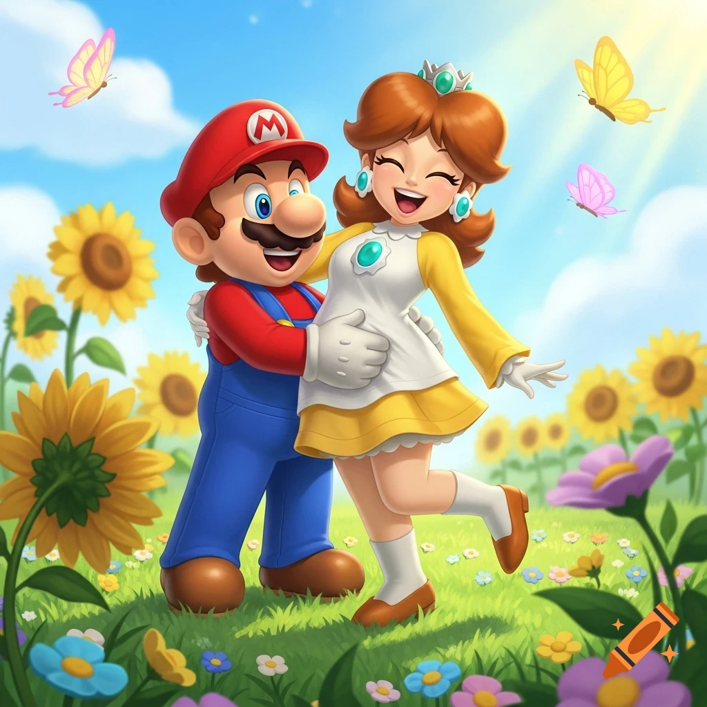 Mario tickles Princess Daisy in a vibrant flower field with sunflowers and butterflies under a blue sky.