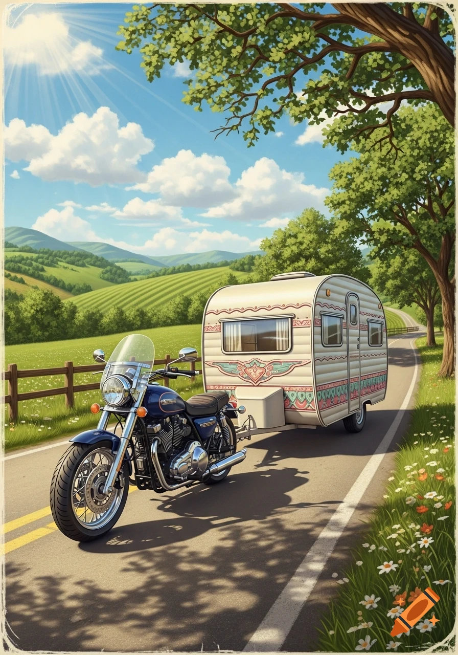 A blue motorcycle pulls a retro white caravan down a winding road through a sunny green countryside, in a postcard-like illustration.