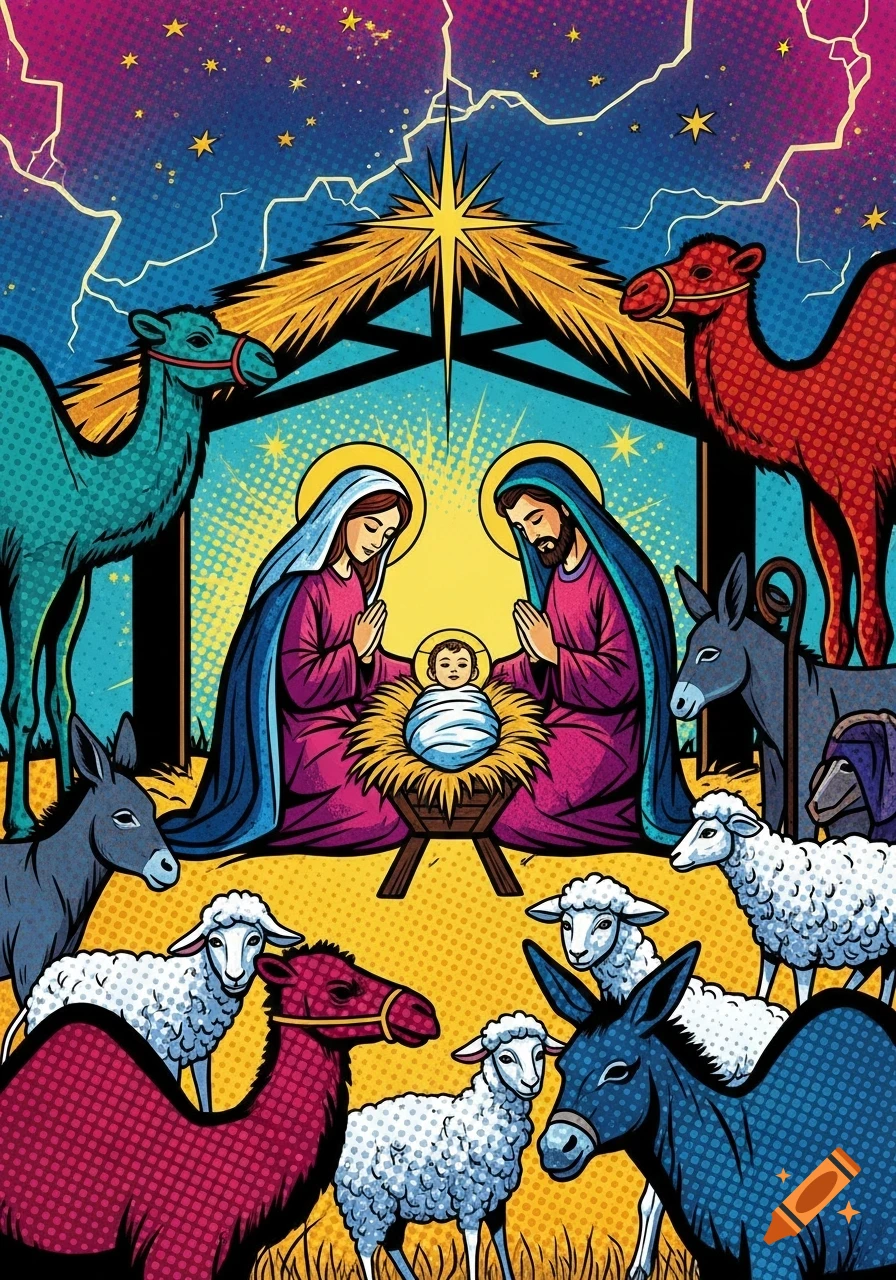 Pop art nativity scene with Mary, Joseph, and baby Jesus, surrounded by animals under a star and lightning-filled sky.