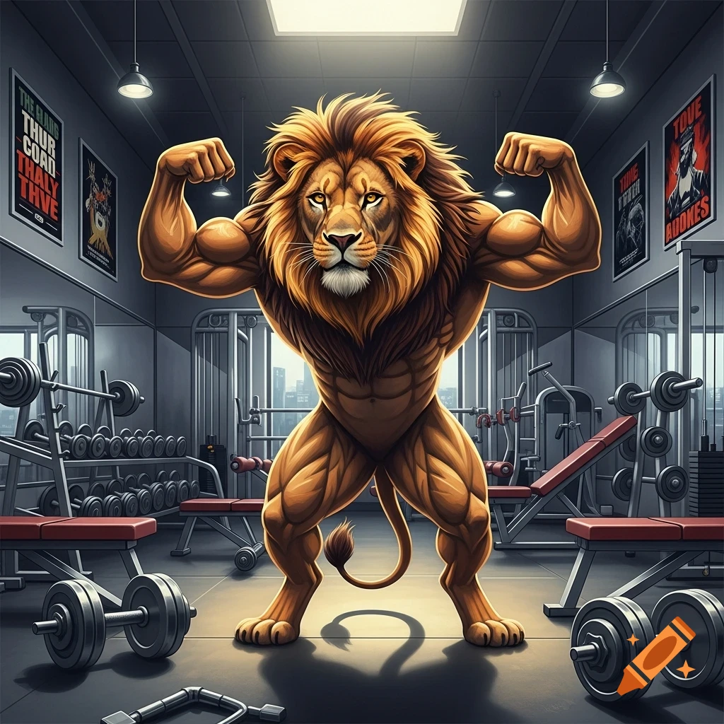 A muscular, anthropomorphic lion with a large mane flexes its biceps in a detailed gym setting with weights and equipment.