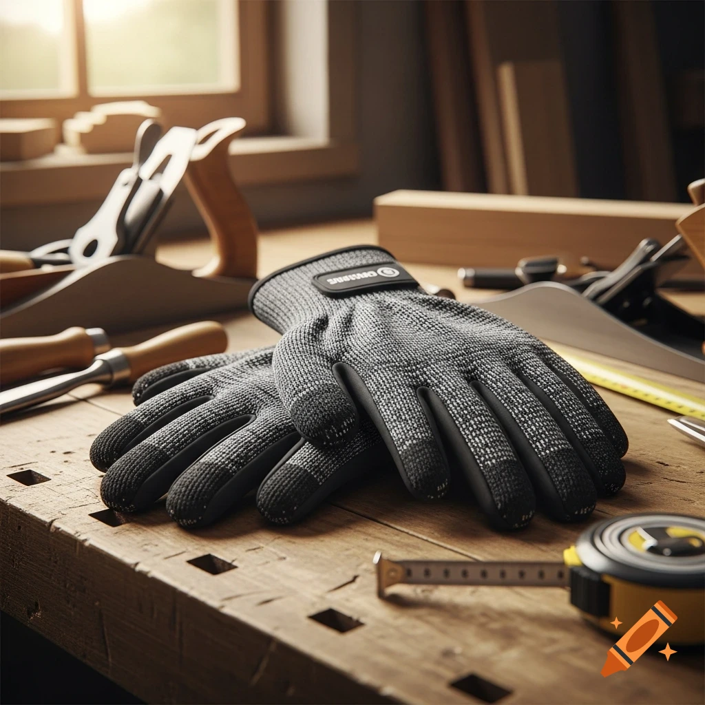 Photorealistic image of grey work gloves on a wooden workbench next to carpentry tools and a tape measure.
