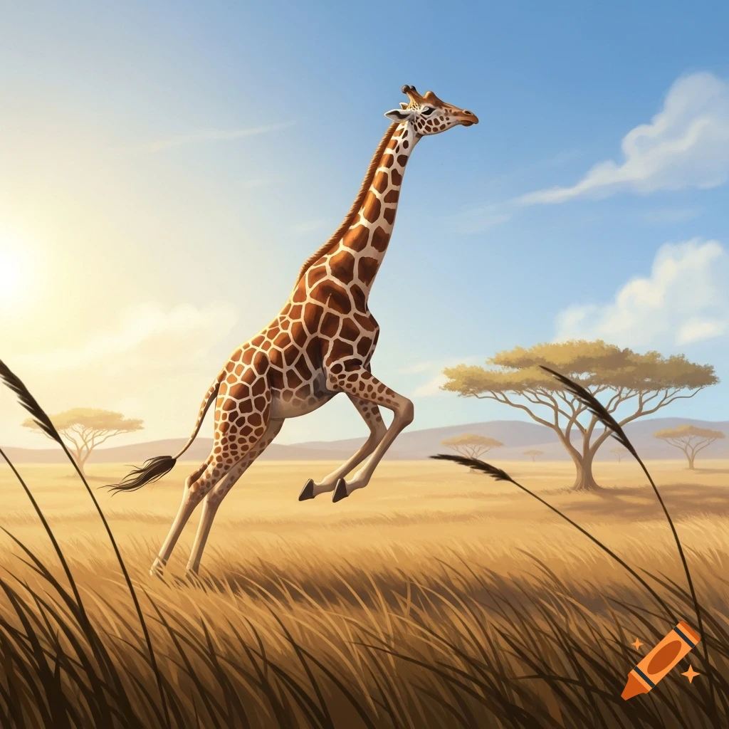 A stylized illustration of a giraffe leaping through a sunlit savanna with tall grass and acacia trees.
