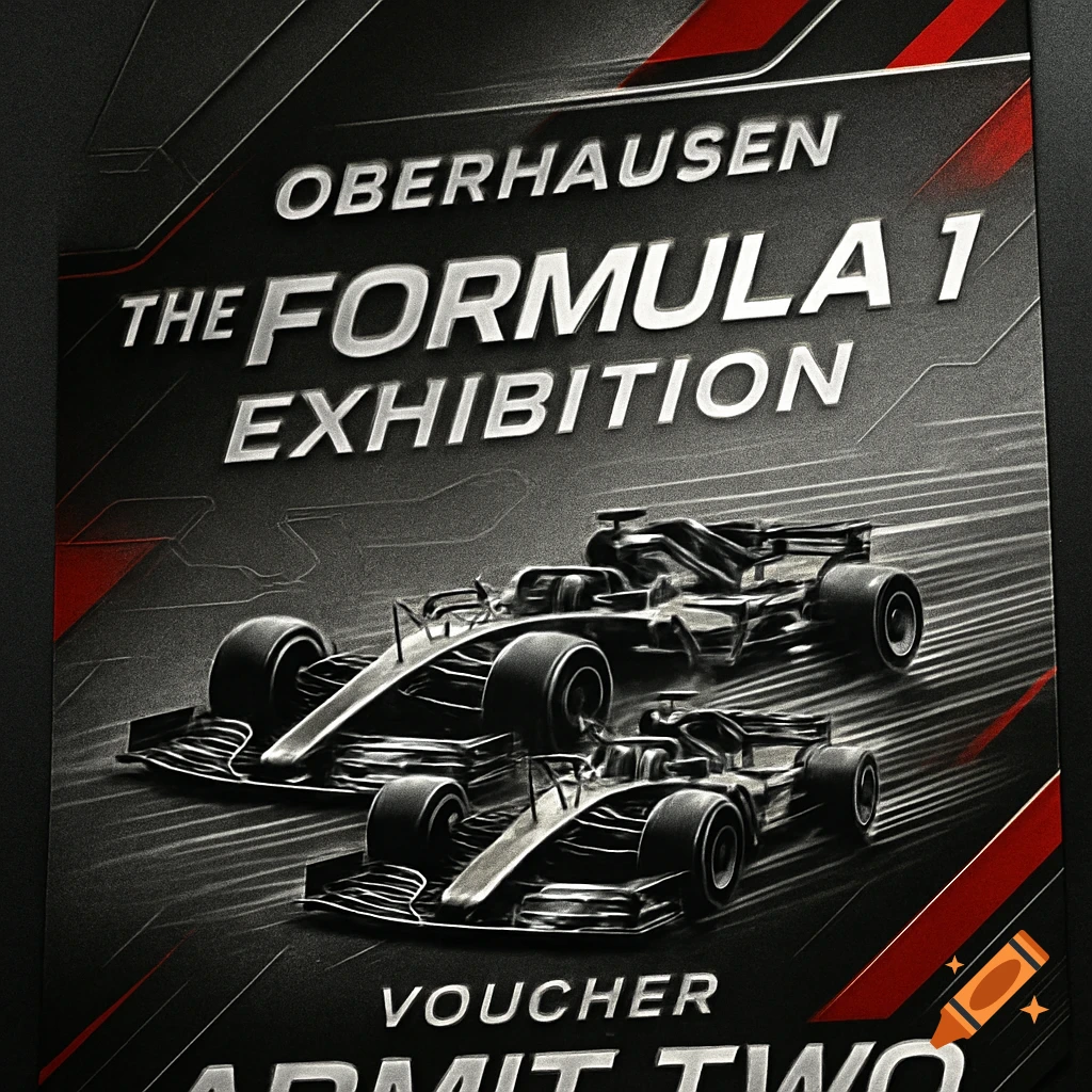 A black and red poster for "The Formula 1 Exhibition Oberhausen" featuring two F1 cars and text "Voucher Admit Two".