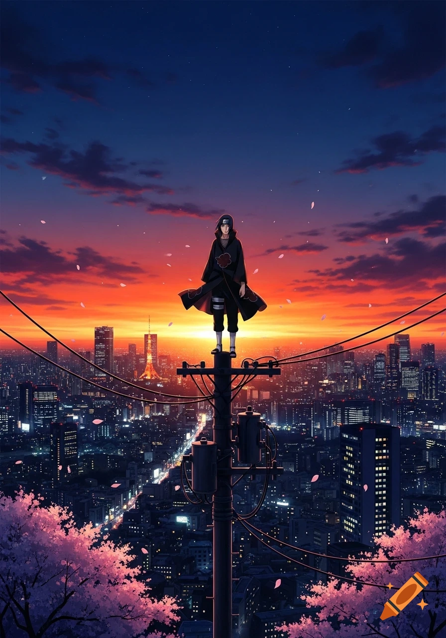 Anime character Itachi stands on a utility pole overlooking a detailed Tokyo cityscape at a vibrant sunset, with cherry blossoms in the foreground.