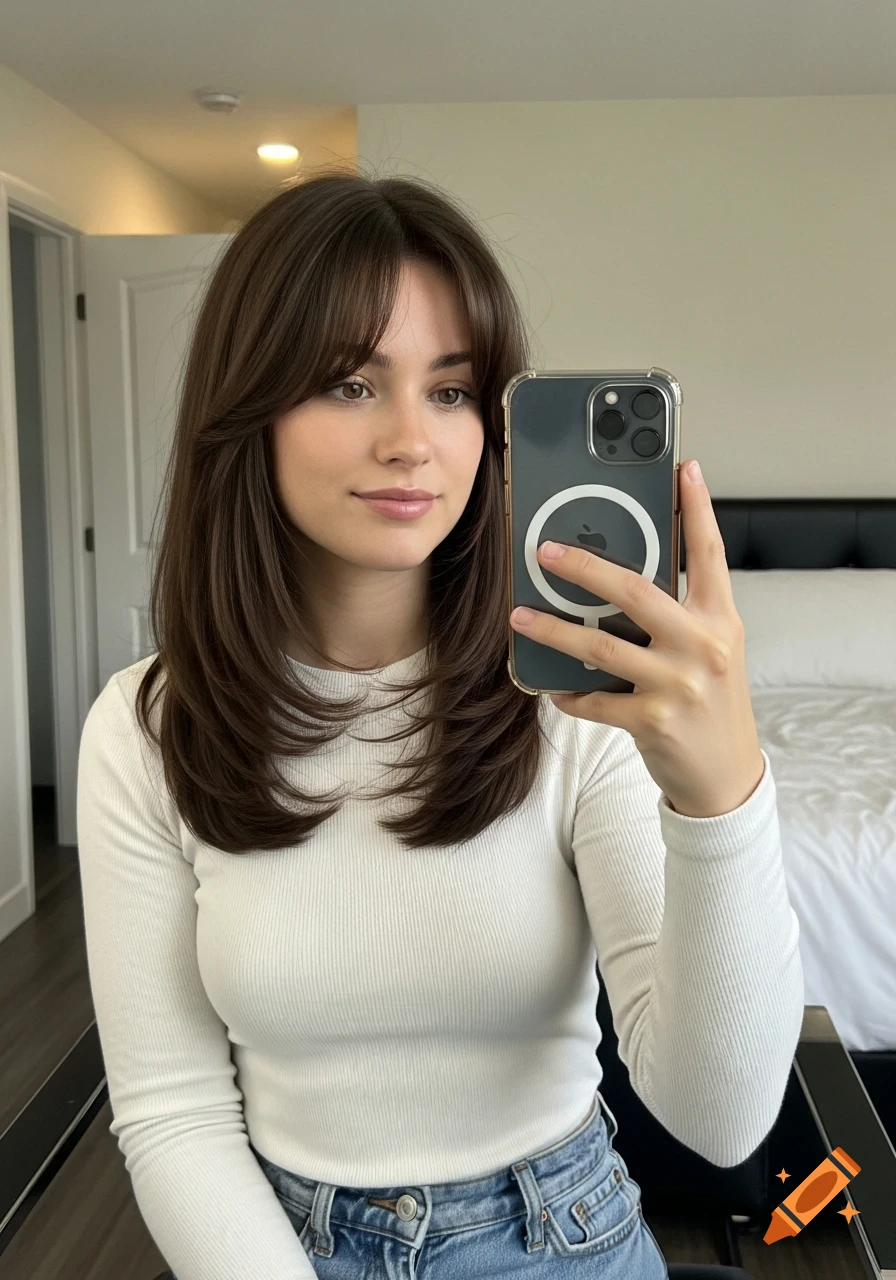 A young woman with brown, layered hair and curtain bangs takes a mirror selfie in a bedroom, wearing a white long-sleeve top and jeans.