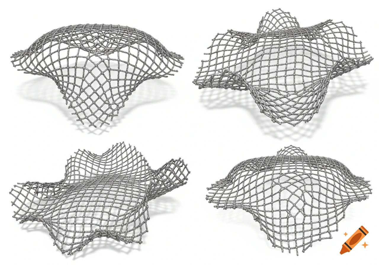 Four distinct 3D views of a gray, undulating mesh net casting shadows on a white background.