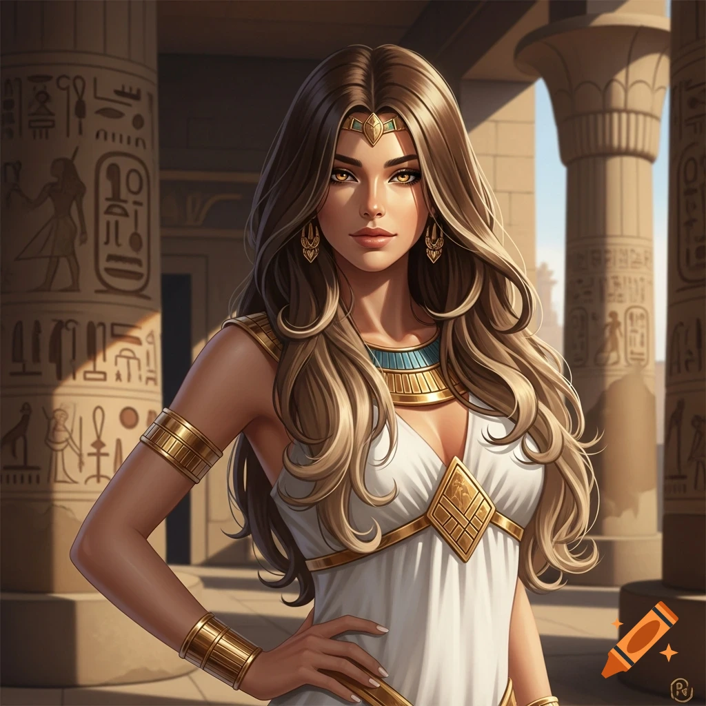 A majestic woman with long brown hair and golden eyes, dressed in white and gold ancient Egyptian attire, stands in a temple with hieroglyphic pillars.