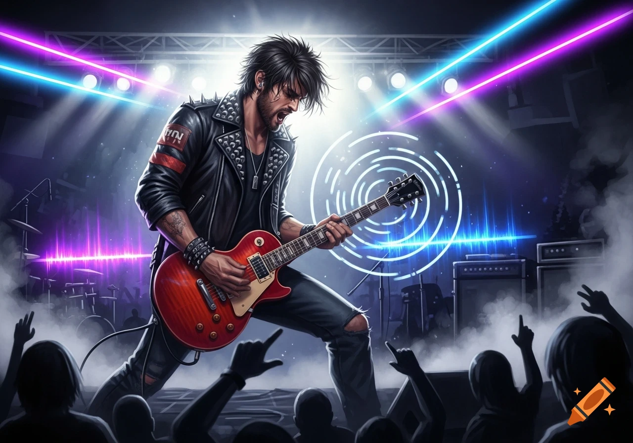 A male rock guitarist in a studded leather jacket plays an electric guitar on stage, illuminated by neon and spotlights.