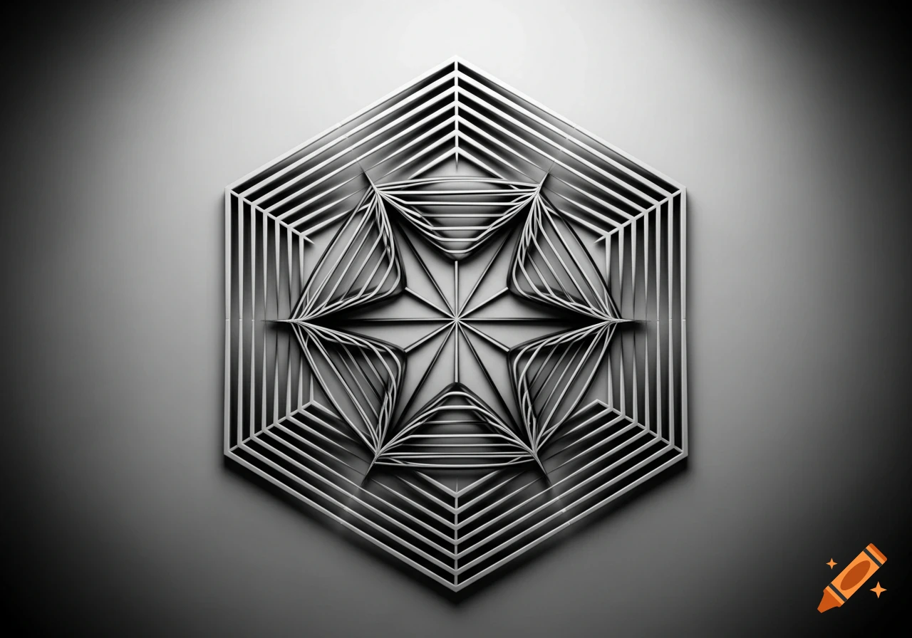 A symmetrical, metallic gray hexagon with concentric lines that thicken towards the star-shaped center, creating a 3D illusion.