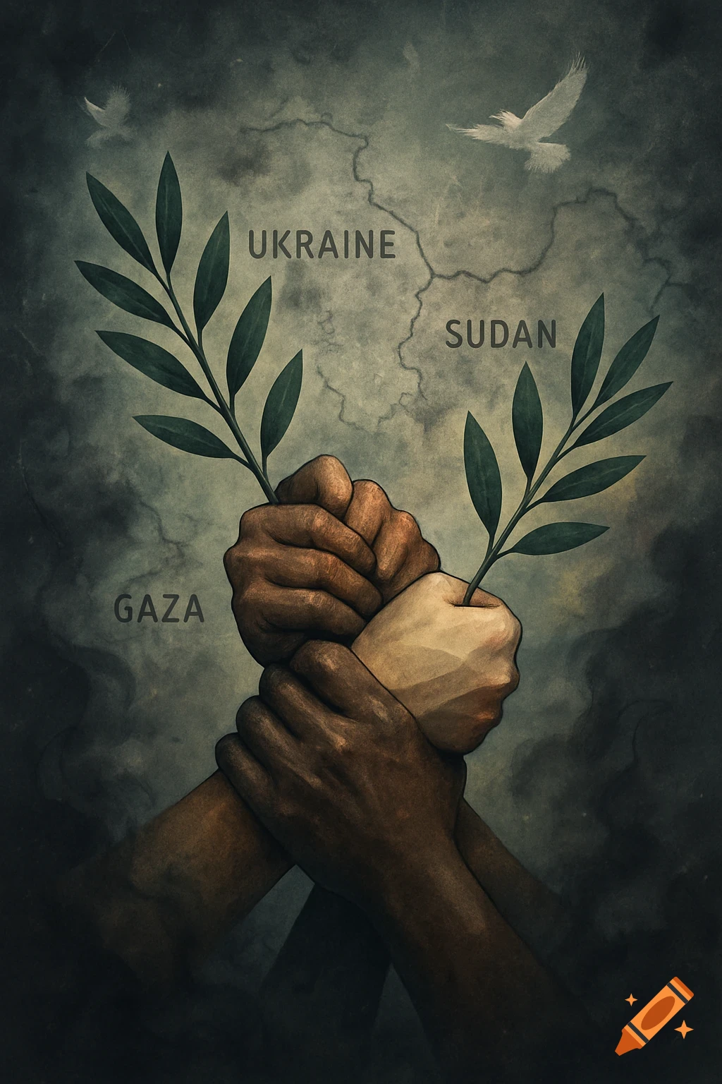 Diverse hands clasping, holding olive branches, with 'Ukraine', 'Sudan', 'Gaza' on a map background, symbolizing peace.