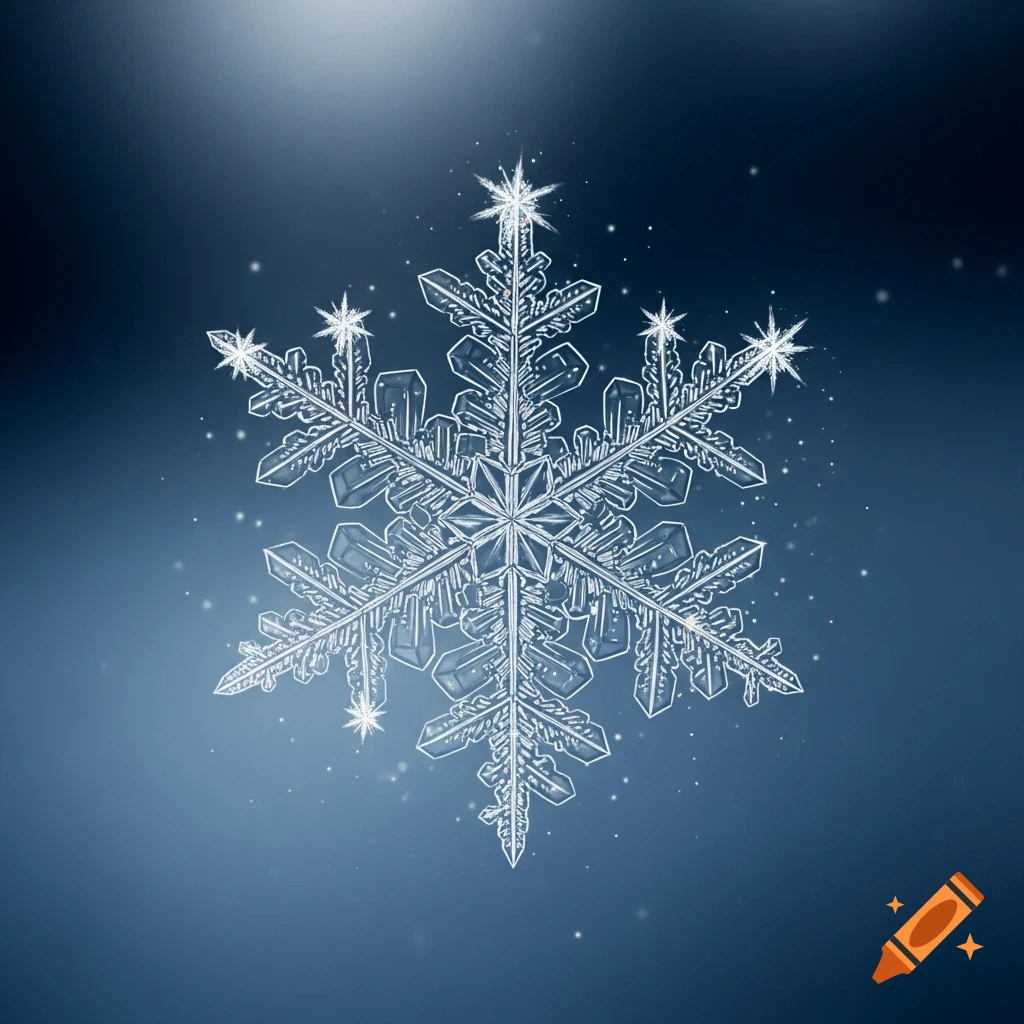 Detailed icy blue and white snowflake with intricate crystal patterns against a blurry dark blue background with sparkling light specks.