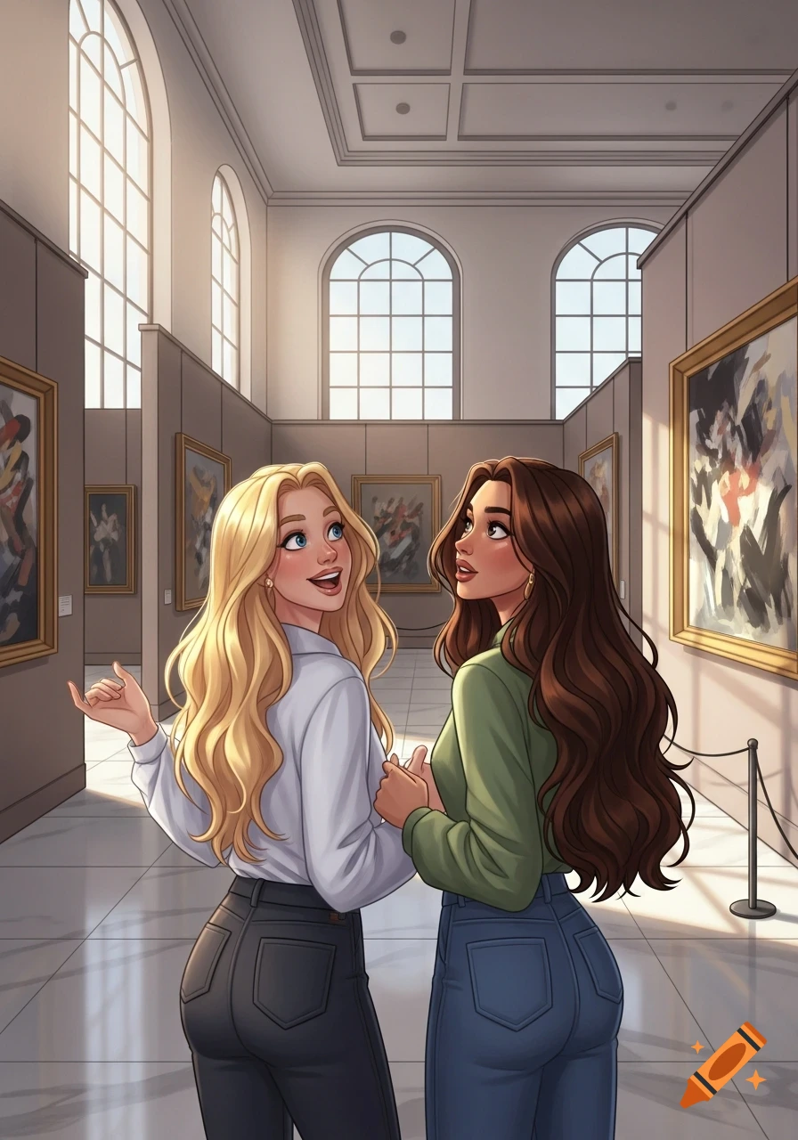 Two smiling women, one blonde and one brunette, look at abstract art in a brightly lit museum gallery in an illustration style.