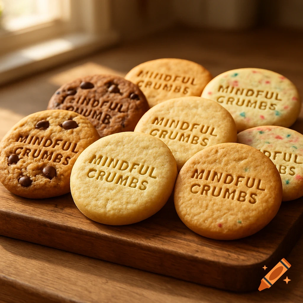 A close-up of various cookies, including chocolate chip, plain, and confetti, with "Mindful Crumbs" embossed on them, on a wooden board.