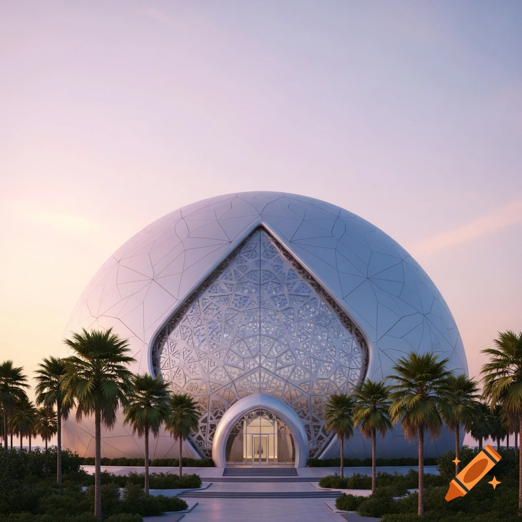 A futuristic, spherical white building with intricate patterned windows, surrounded by palm trees, under a soft pink and blue sunset sky.