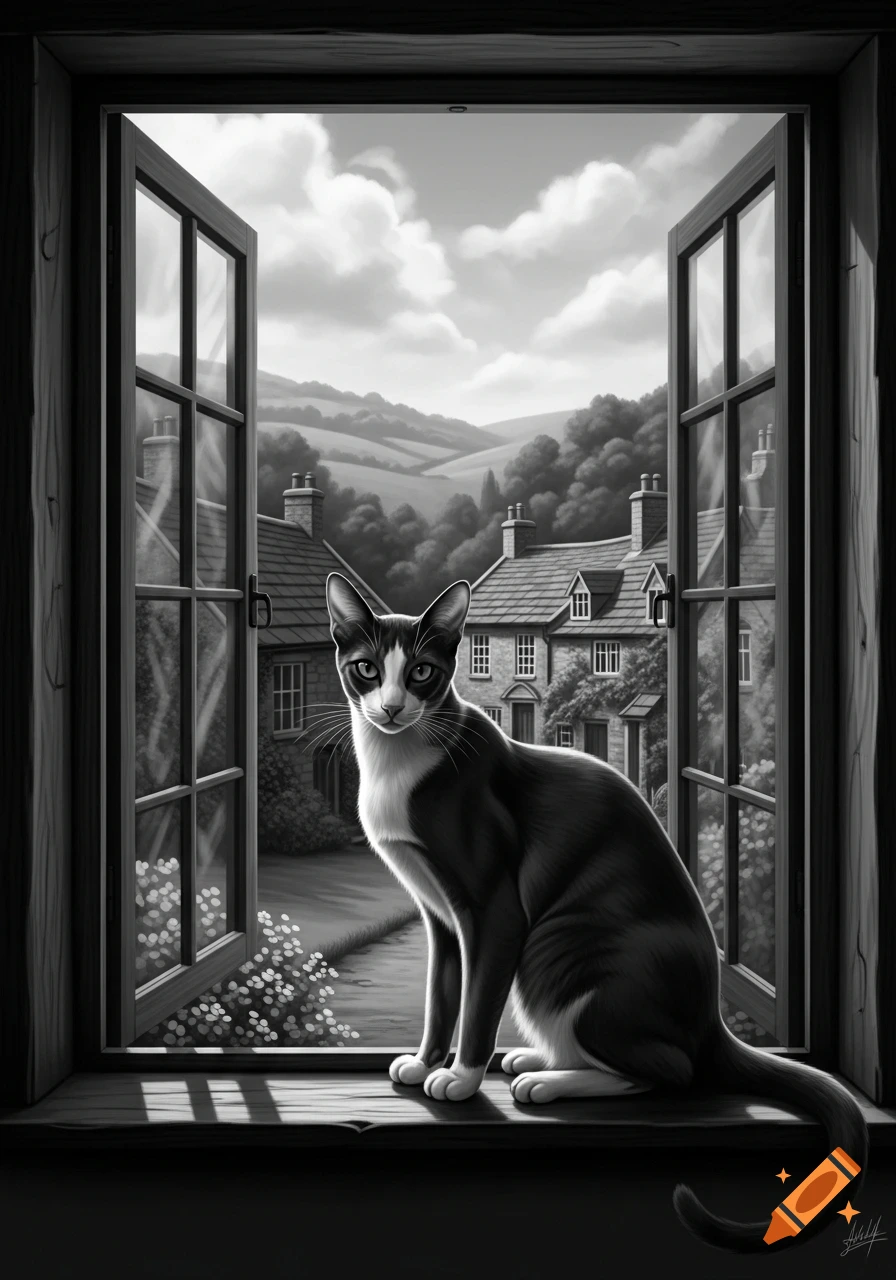 A black and white cat with white paws and chest sits on a windowsill, looking towards the viewer. Outside, a village and rolling hills are visible under a cloudy sky.