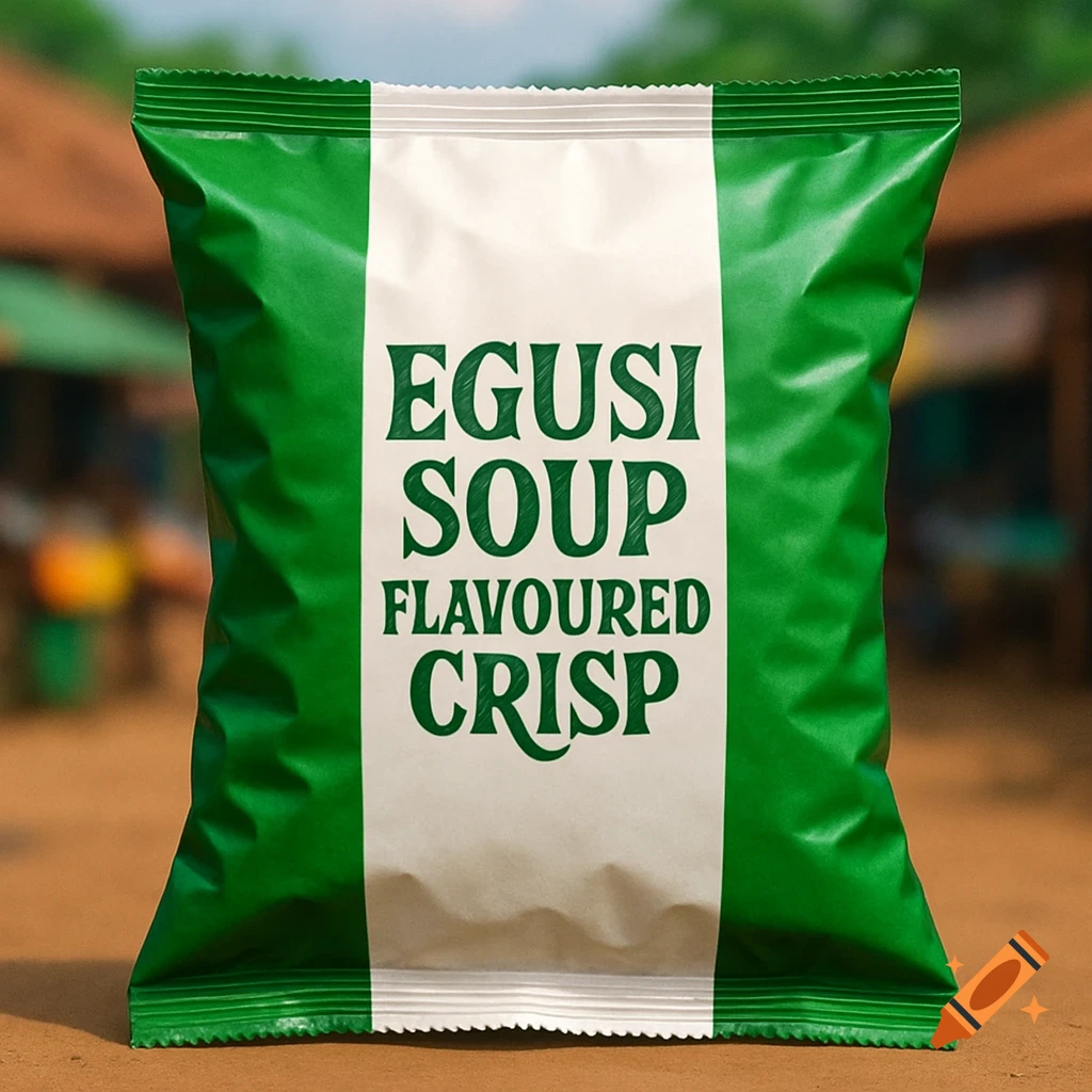 Photorealistic crisp packet in green and white Nigerian flag colors, labeled 'EGUSI SOUP FLAVOURED CRISP', against a blurred outdoor background.