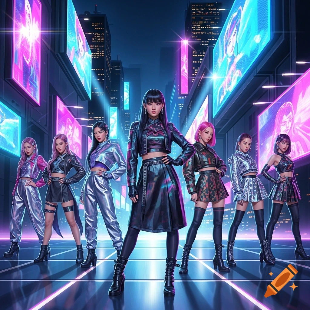 A group of Kpop women in futuristic, iridescent outfits stand in a neon-lit cyberpunk city street with glowing billboards.