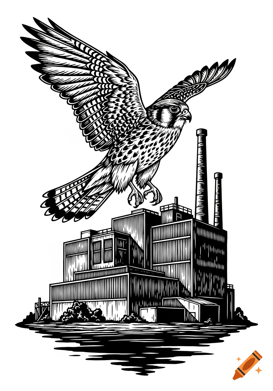 A black and white linocut illustration of a kestrel with spread wings, flying above a multi-story industrial building with smokestacks.