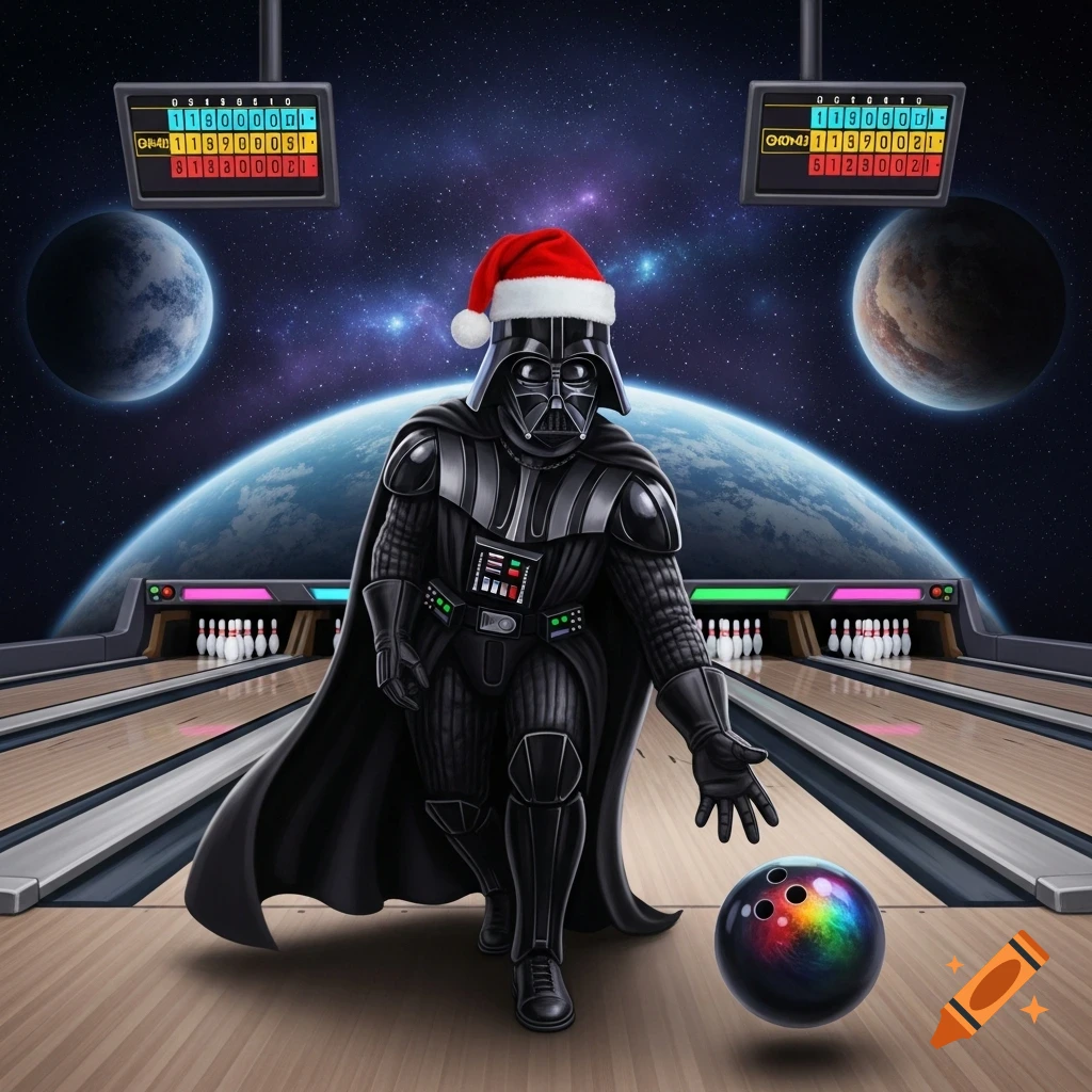 Darth Vader in a Santa hat bowls a rainbow-colored bowling ball down a futuristic lane in space, with planets and scoreboards.