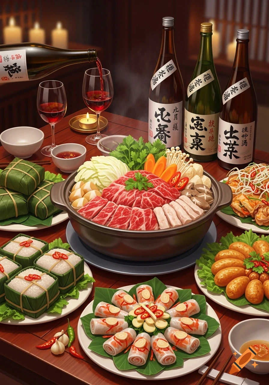A vibrant hot pot feast with sliced beef, vegetables, various side dishes like wrapped rice cakes and spring rolls, and bottles of sake and wine, on a wooden table.