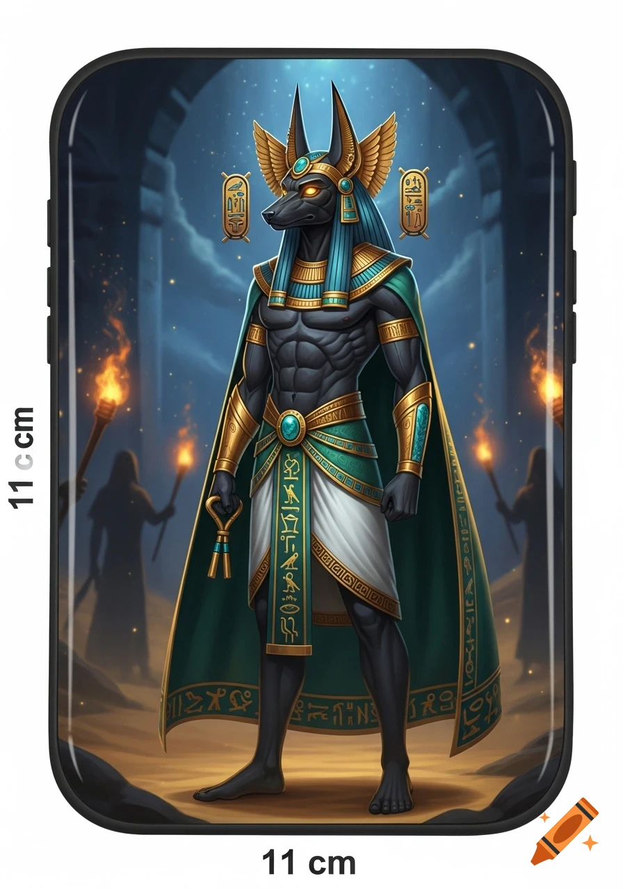 Digital illustration of Anubis, the Egyptian god with a jackal head and muscular human body, wearing a gold and teal pharaoh's headdress and cape, standing in a dim, torch-lit ancient Egyptian ruin.