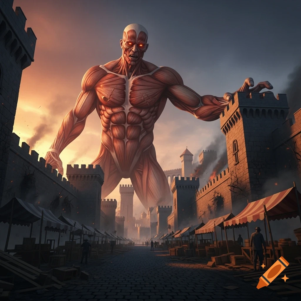 A gigantic, skinless, muscular figure with glowing eyes towers over a medieval city street with market stalls, under an ominous sky with smoke.