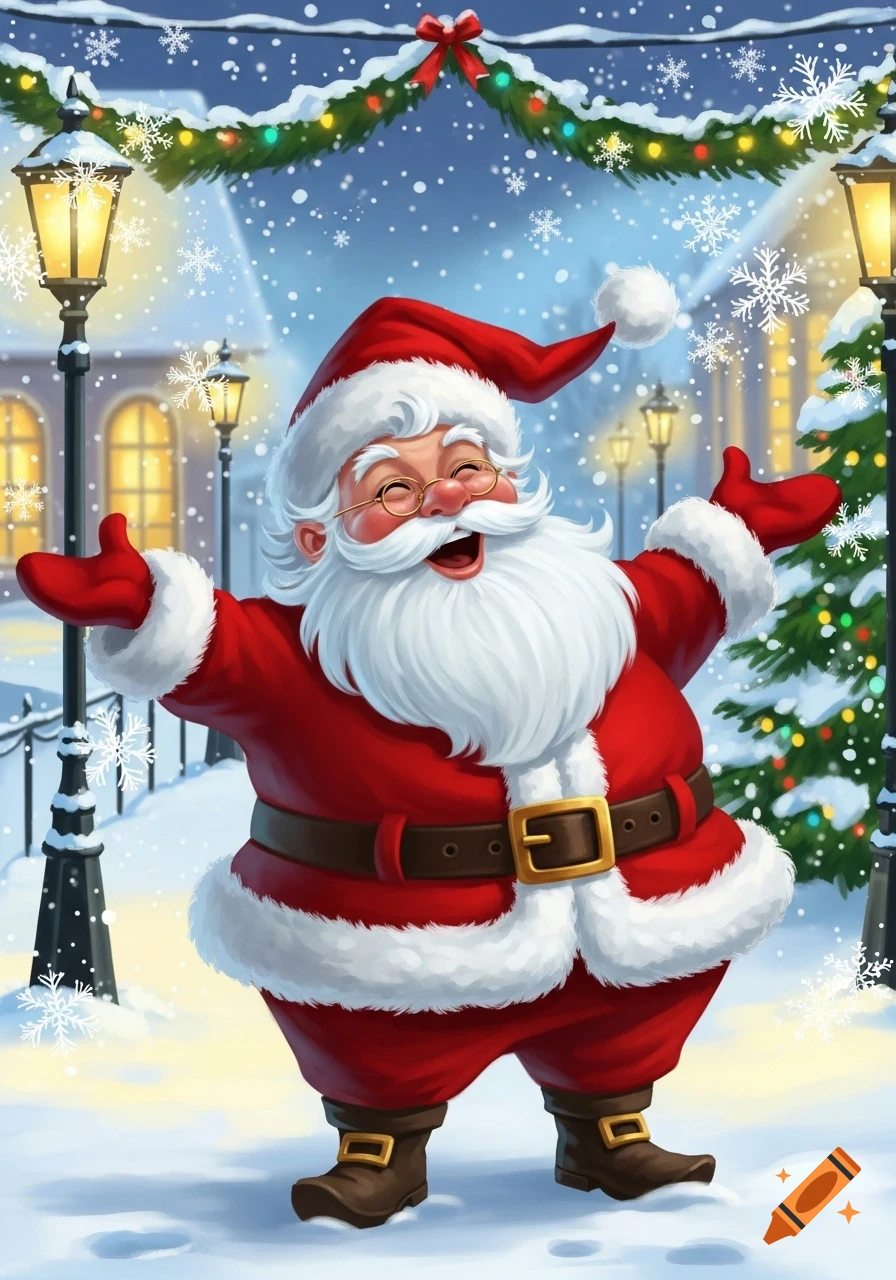 A cheerful, laughing Santa Claus with arms wide open, standing in a snowy street with lampposts and Christmas decorations in a festive illustration style.