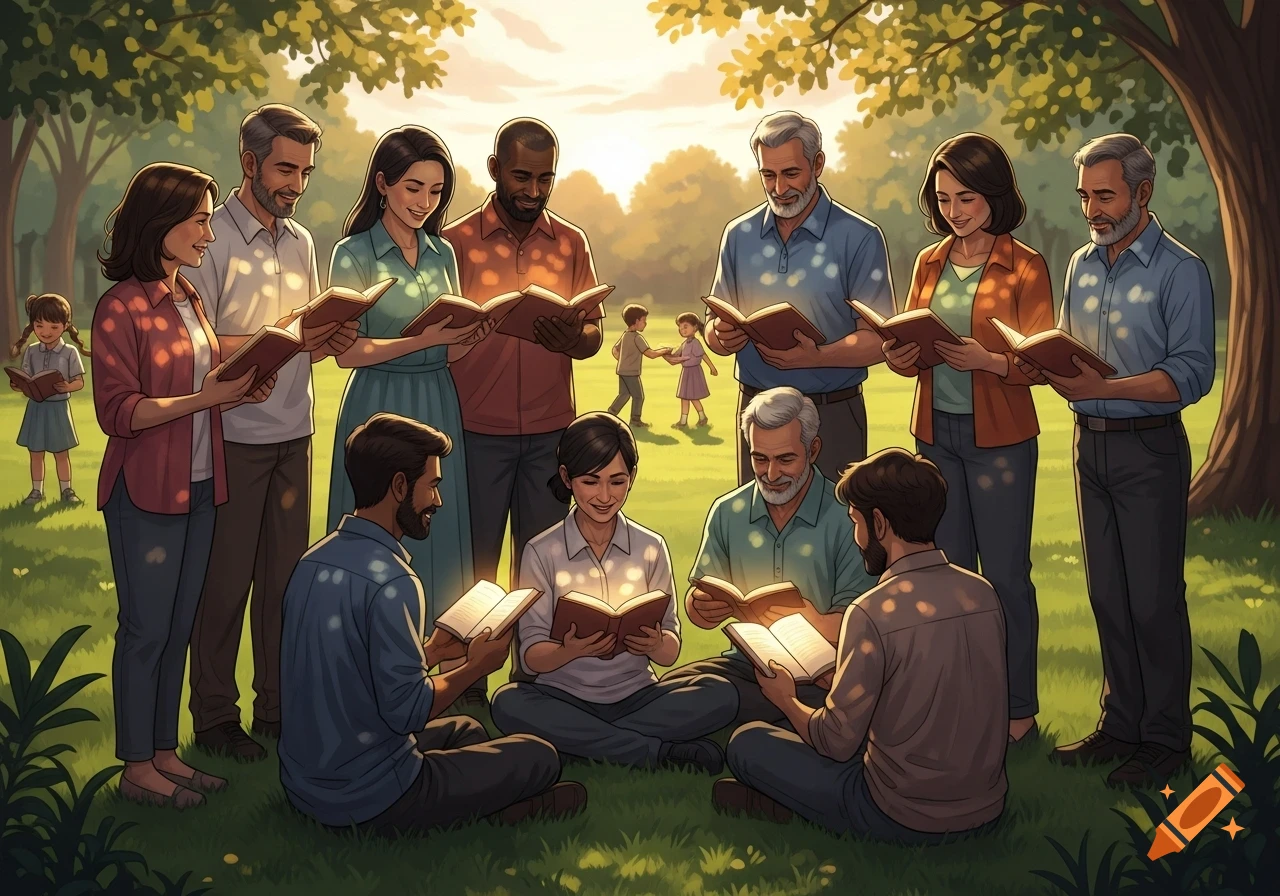 A diverse group of adults and children gather in a sunny park, reading books with a soft glow, in a warm, illustrative style.