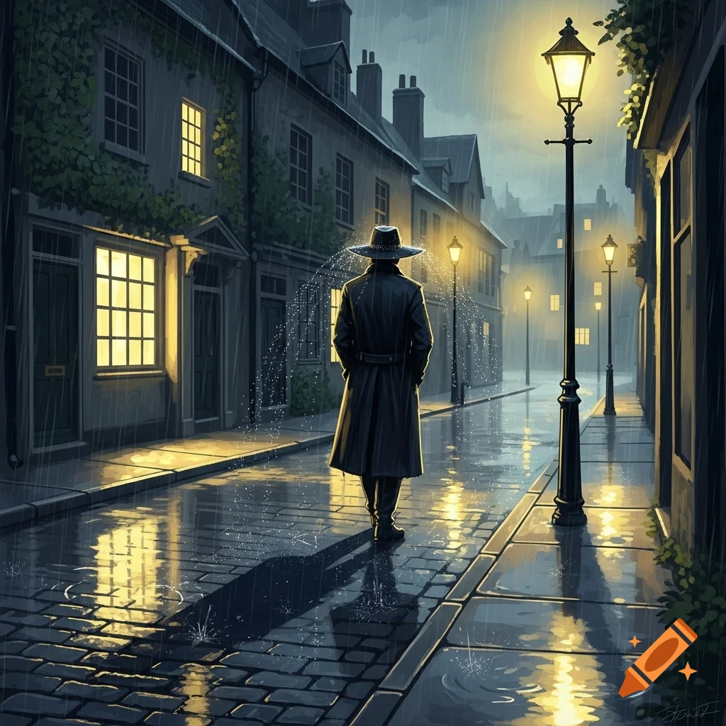 A man in a long coat and hat walks down a wet cobblestone street at night, with glowing streetlights and buildings in the rain.
