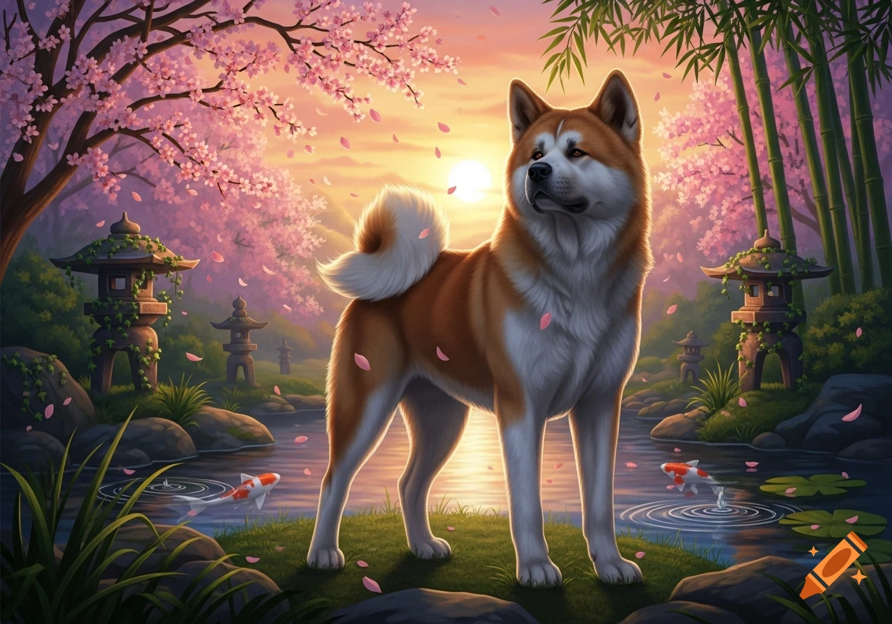 A majestic Akita dog stands on grass in a vibrant Japanese garden with pink cherry blossoms, bamboo, traditional lanterns, and koi fish in a pond at sunset.