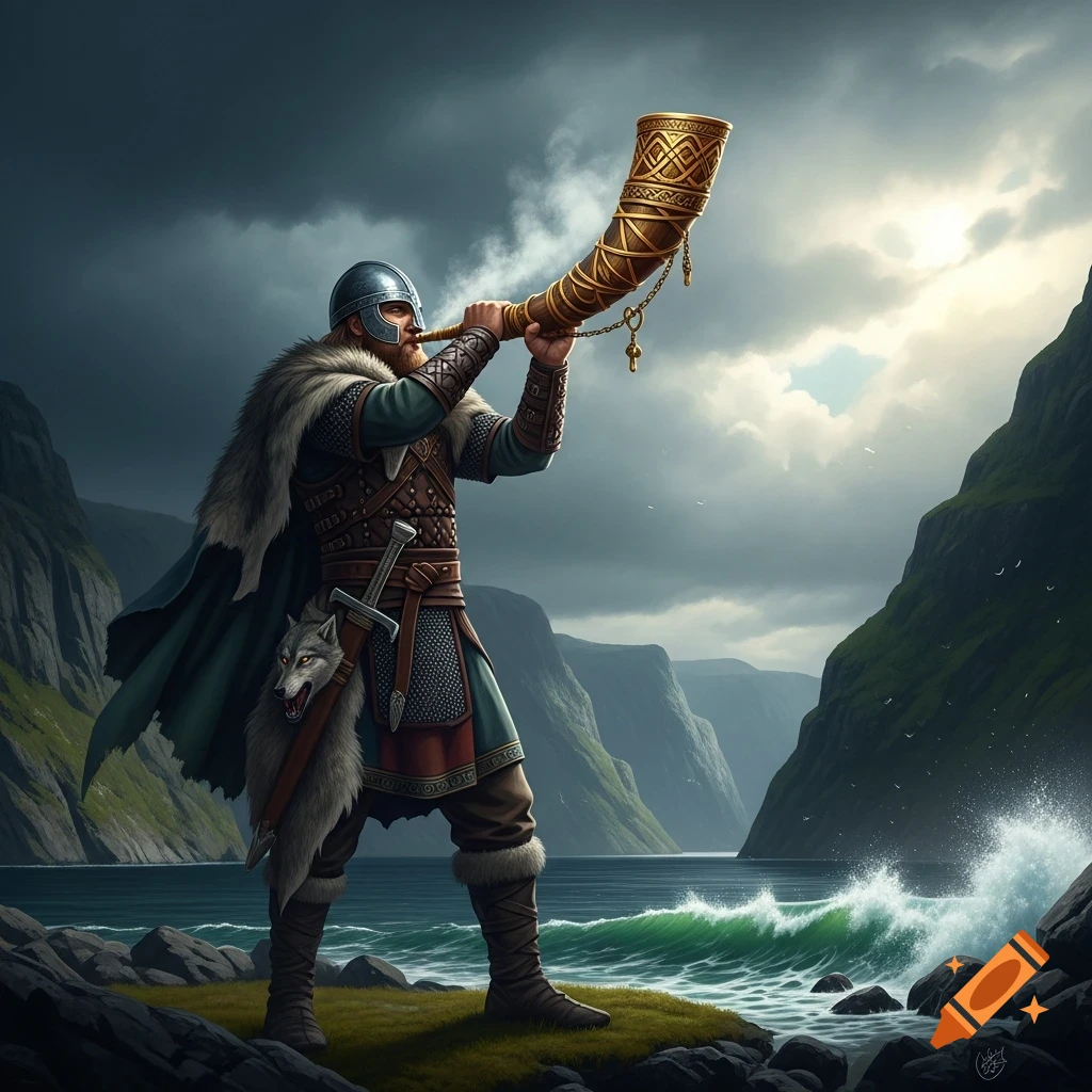 A bearded Viking man in armor and fur blows a golden horn on a rocky shore overlooking a majestic fjord under a dramatic sky.