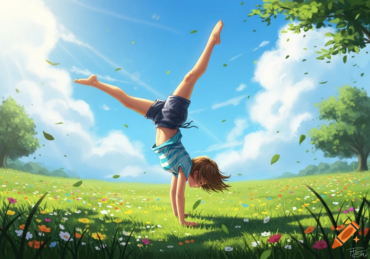 Anime-style girl in shorts doing a handstand in a vibrant green meadow filled with colorful flowers under a bright blue sky.